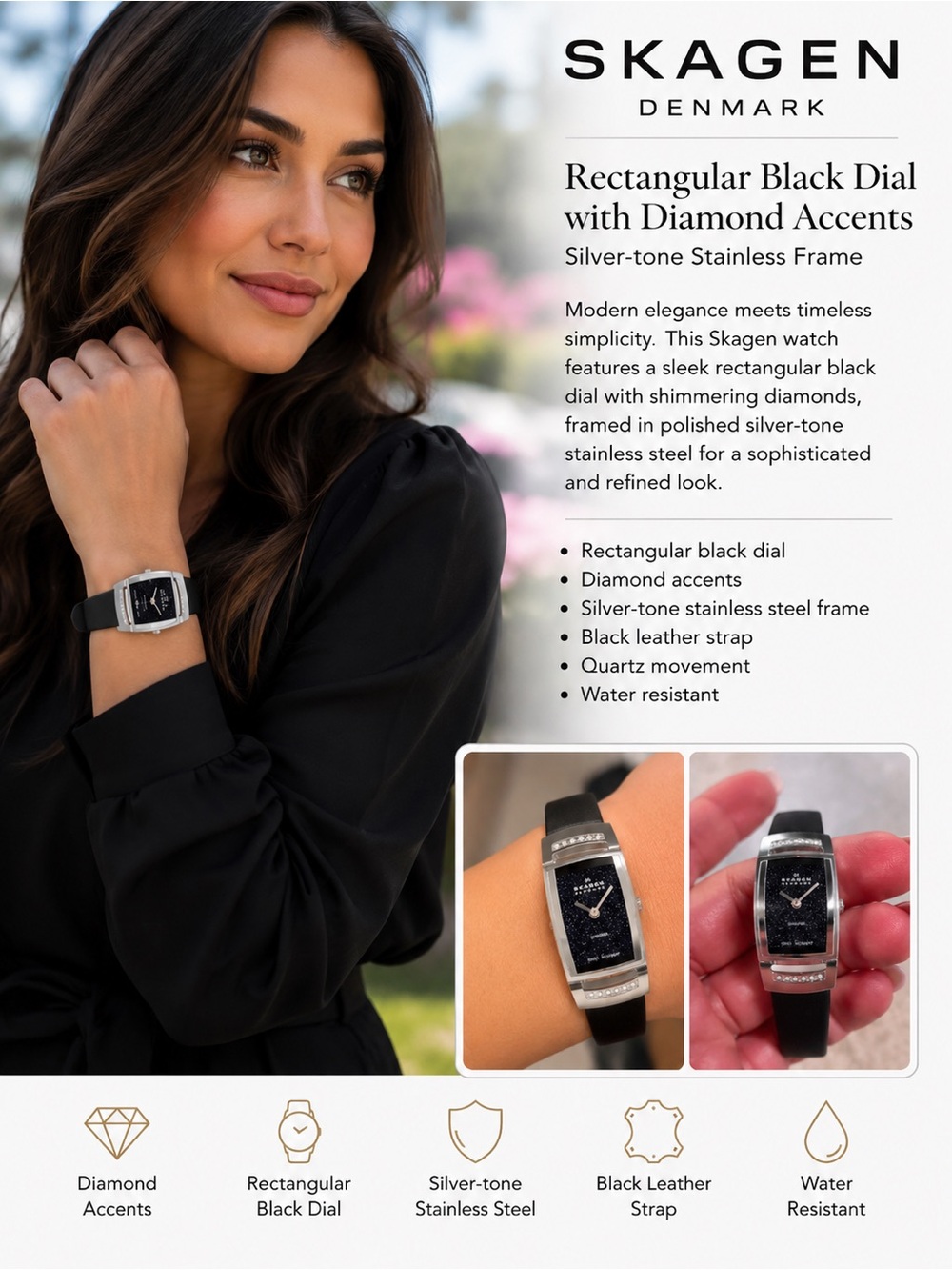 Skagen Black Dial Silver-Tone Diamond Accent Watch